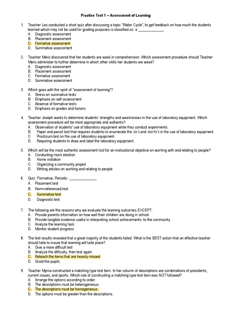 Practice Test 1 - Assessment of Learning | PDF | Educational Assessment ...