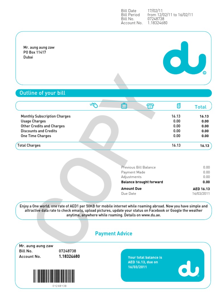 Dubai DU Mobile Bill Summary | PDF | Dubai | United Arab Emirates