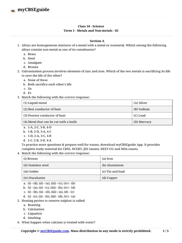 Mycbseguide Class 10 Science Term 1 Metals and NonMetals 02 PDF