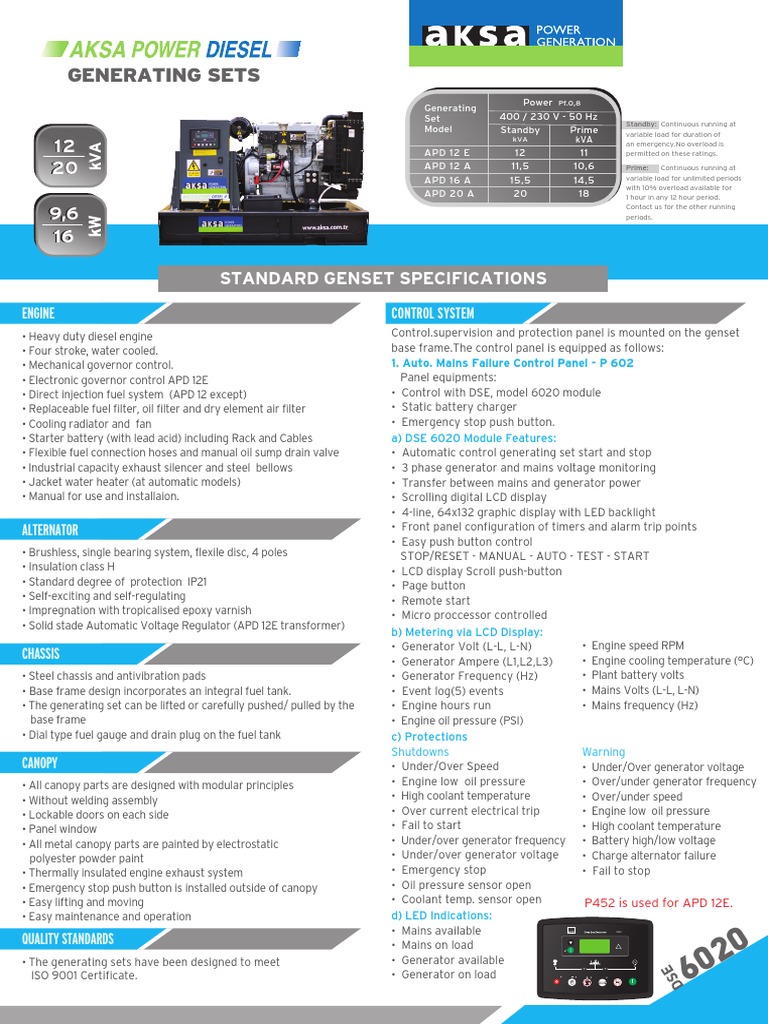 Generating Sets: Standard Genset Specifications | PDF | Diesel Engine ...