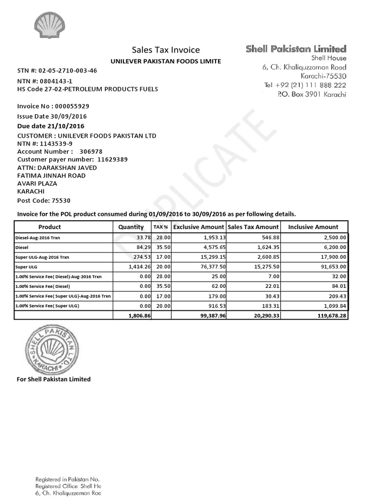 Sales Tax Invoice Unilever Pakistan Foods Limite PDF