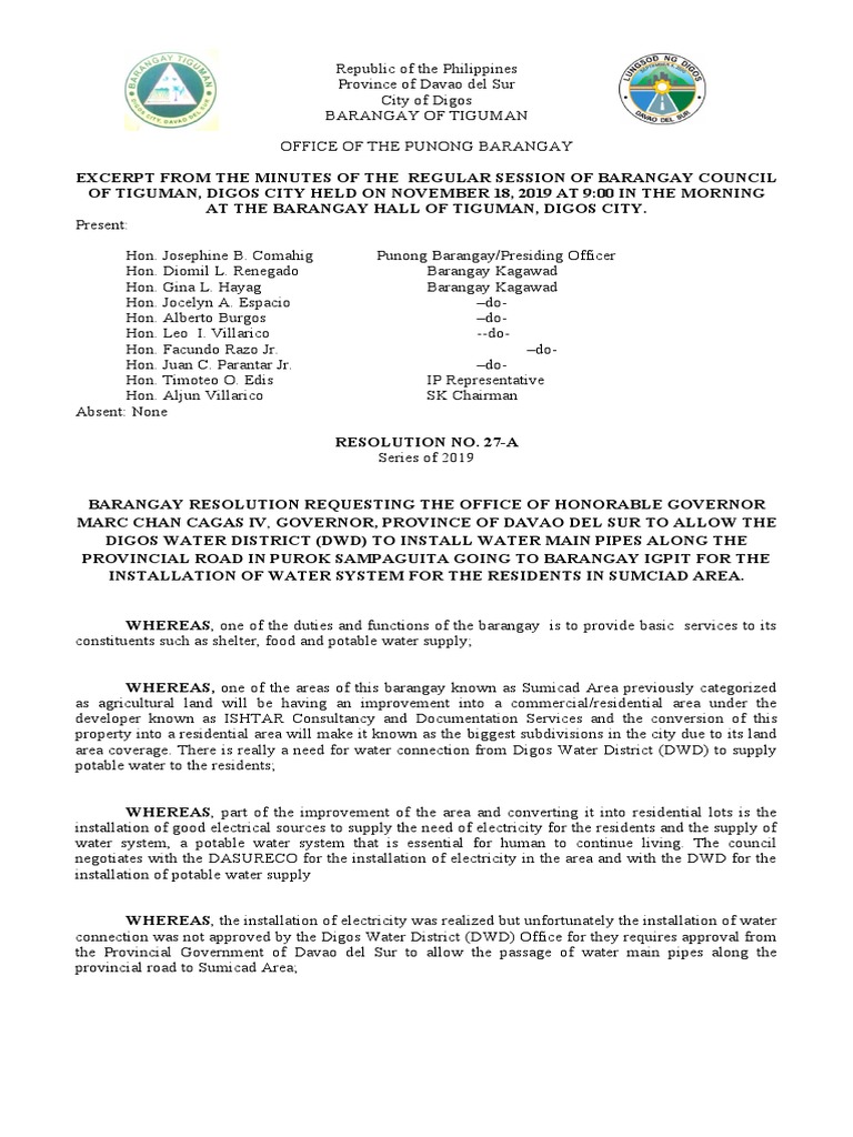 Barangay Resolution for Water System Installation | PDF | Water Supply ...