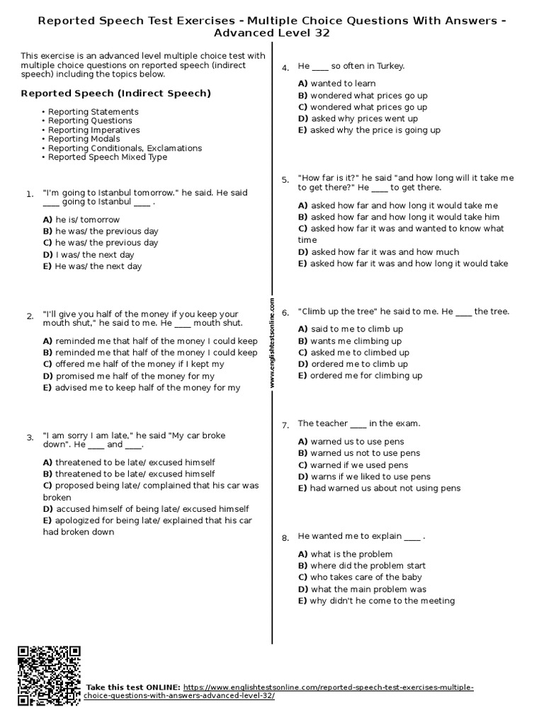 Reported Speech Test Exercises - Multiple Choice Questions With Answers ...