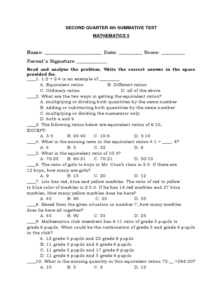 Quarter 2 4th Summative Test | PDF | Ratio | Elementary Mathematics