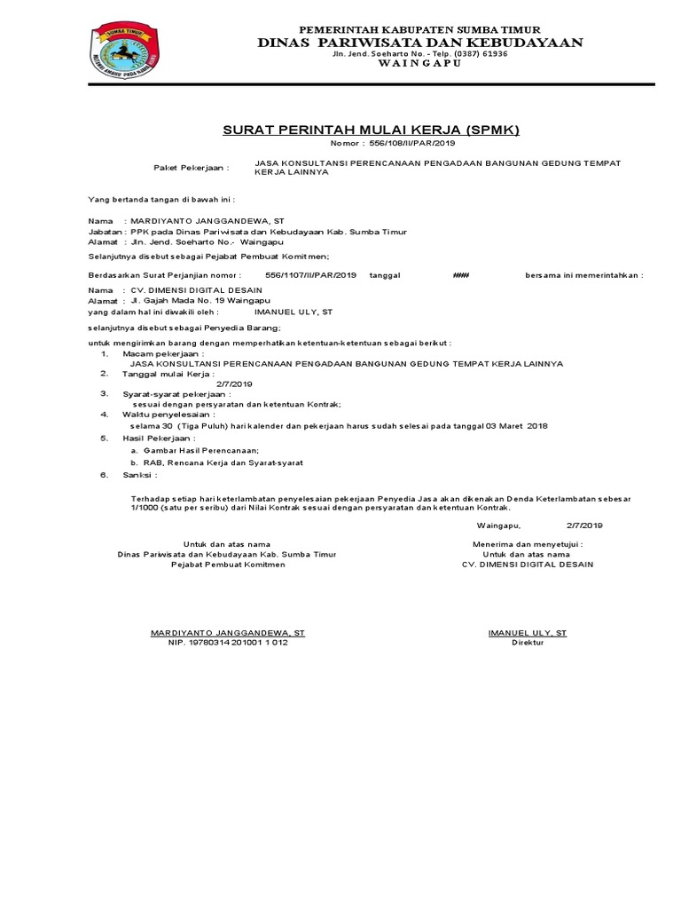 Surat Perintah Kerja SPMK 2019 Sumba | PDF