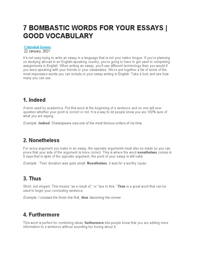 bombastic words for essay with meaning
