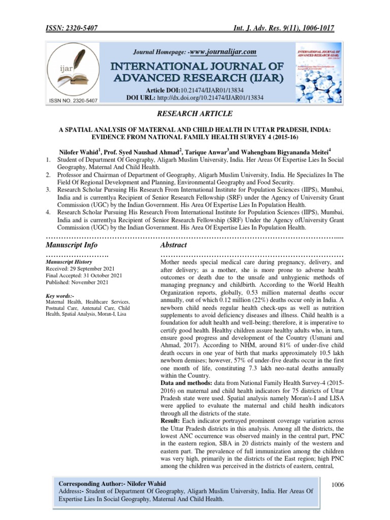 A Spatial Analysis of Maternal and Child Health in Uttar Pradesh, India ...