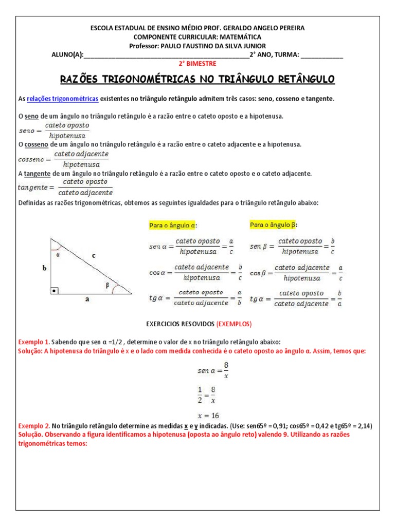 2º Bimestre 3 Semana Razões Trigonométricas | PDF | Trigonometria ...