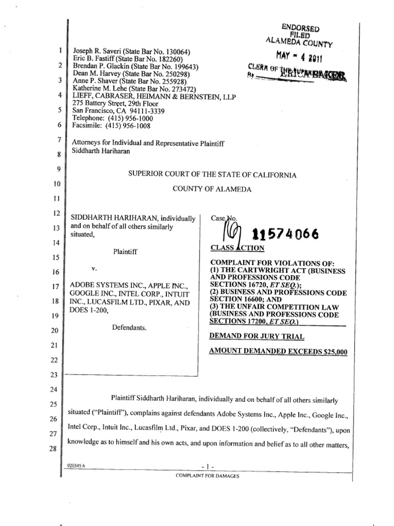 Class Action Lawsuit Against Adobe, Apple, Google, Lucasfilm, Pixar