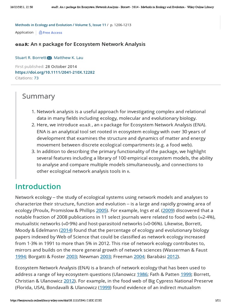 Enar - An R Package For Ecosystem Network Analysis - Borrett - 2014 ...