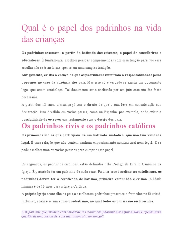 Qual É o Papel Dos Padrinhos Na Vida Das Crianças | PDF | Igreja ...