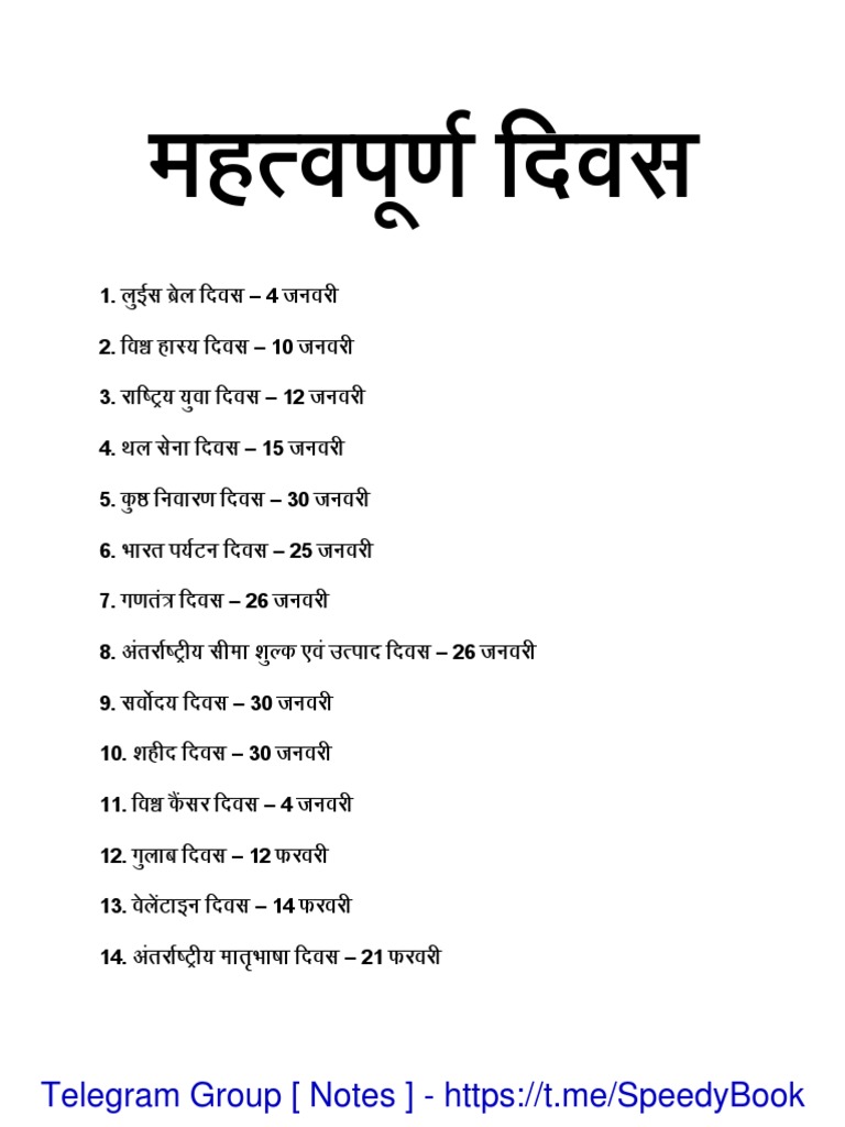Important Days and Dates in Hindi PDF