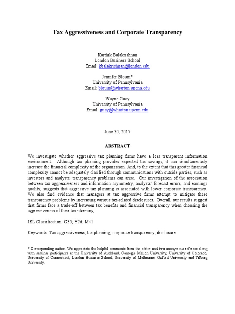 Tax Aggressiveness vs. Transparency | PDF | Taxes | Tax Avoidance