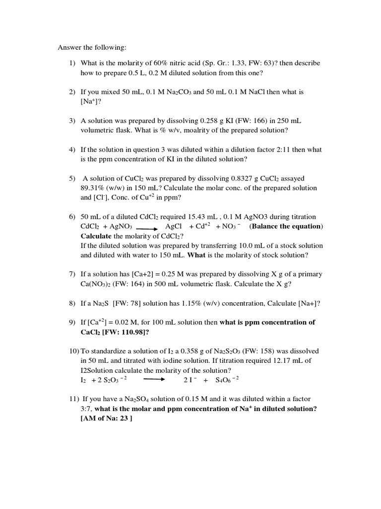 Solutions Stoichiometry Calculating Concentrations, Dilutions, and Titrations PDF Mass