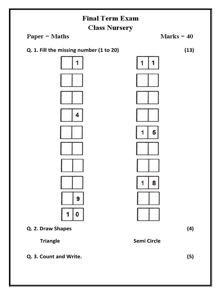Final Term Exam Class Nursery Paper Maths Marks 40 PDF