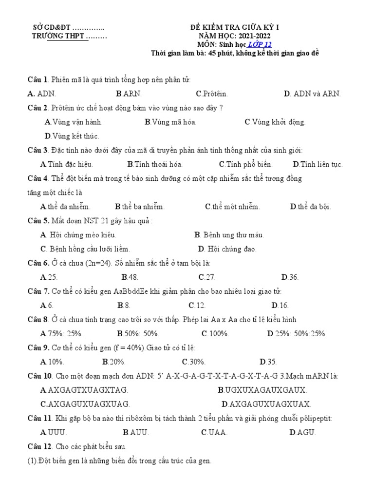 De Thi Giua Hoc Ki 1 Mon Sinh Hoc Lop 12 de 1 | PDF