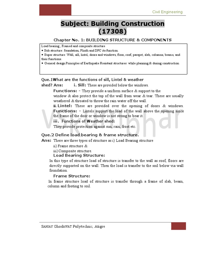 Subject: Building Construction (17308) : Third Semester Second Year ...