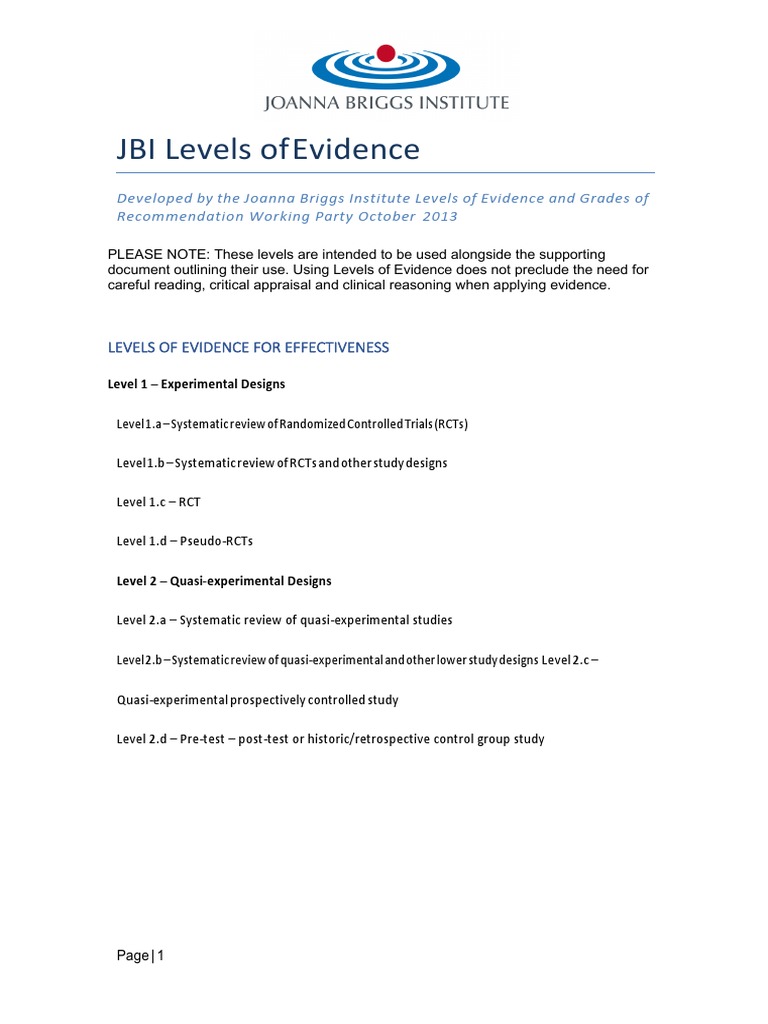 JBI Levels of Evidence Overview | PDF | Cohort Study | Randomized ...