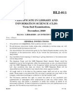 Certificate in Library and Information Science (Clis) : Term End Examination, December, 2020