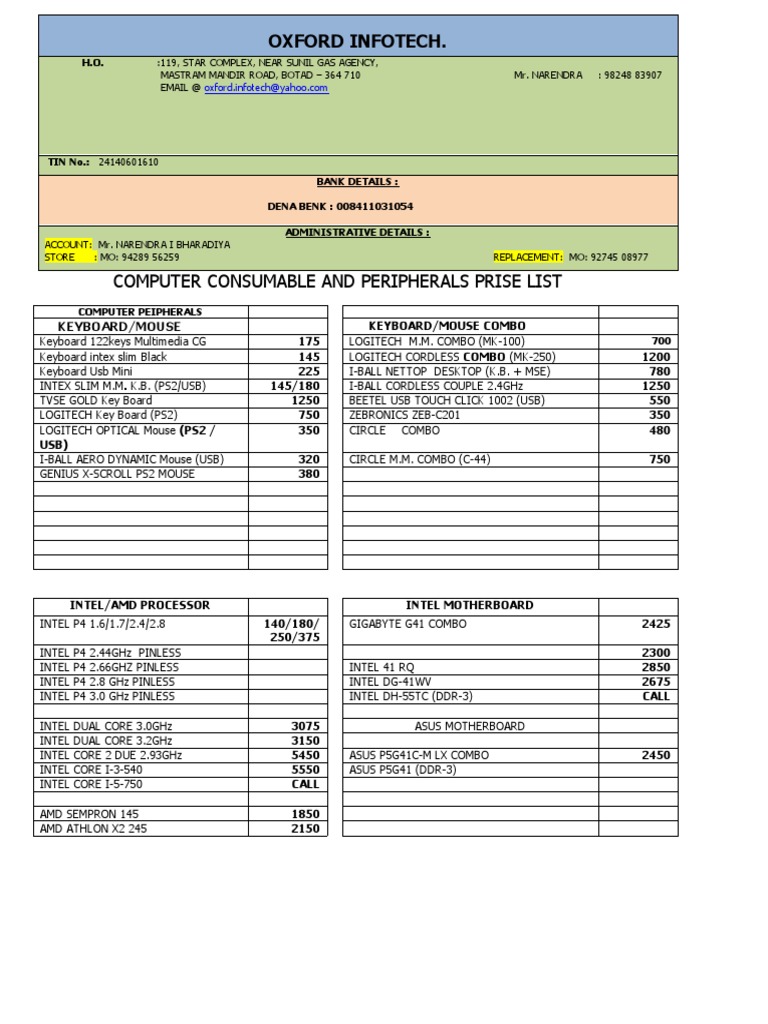 Computer Consumable and Peripherals Prise List: Oxford Infotech | PDF ...