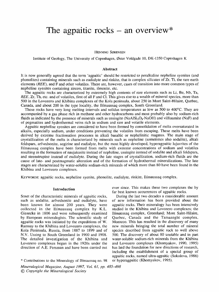 Agpaitic Rock PDF Magma Minerals