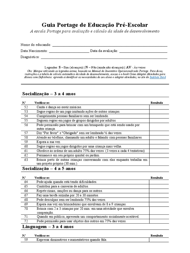 Guia - Portage 3 A 4 Anos - 4 A 5 Anos | PDF