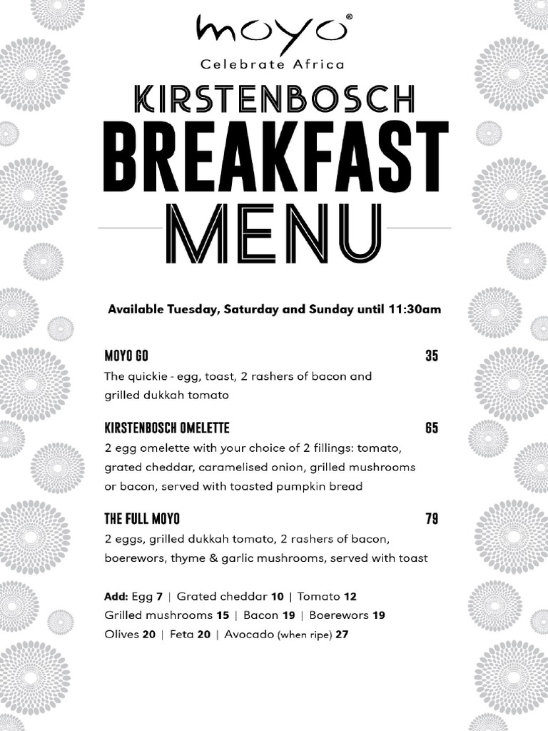Moyo Kirstenbosch A La Carte Menu 2020 PDF