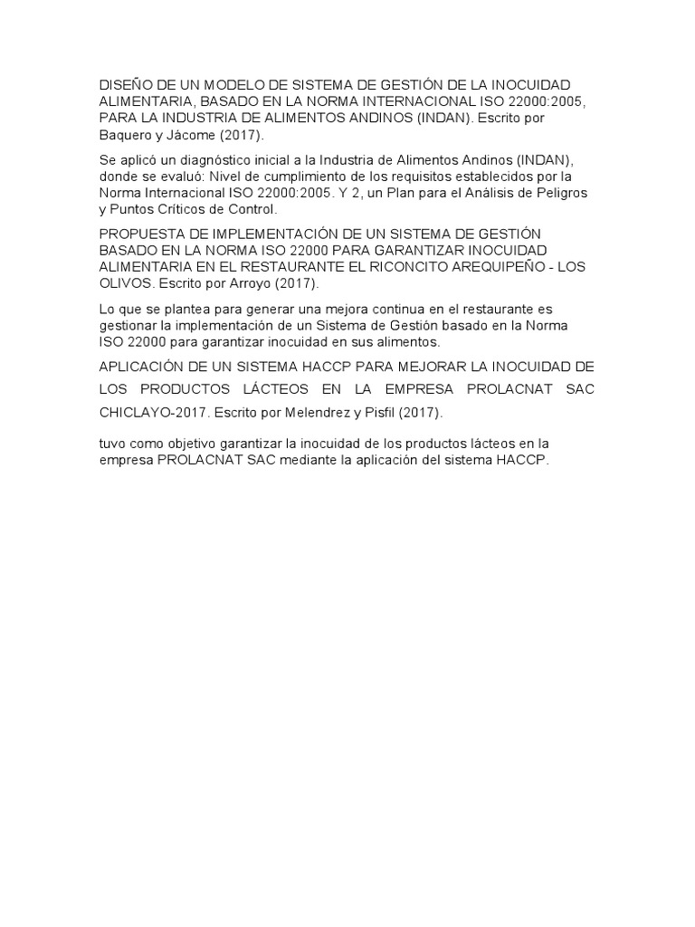 Diseño de Un Modelo de Sistema de Gestión de La Inocuidad Alimentaria | PDF