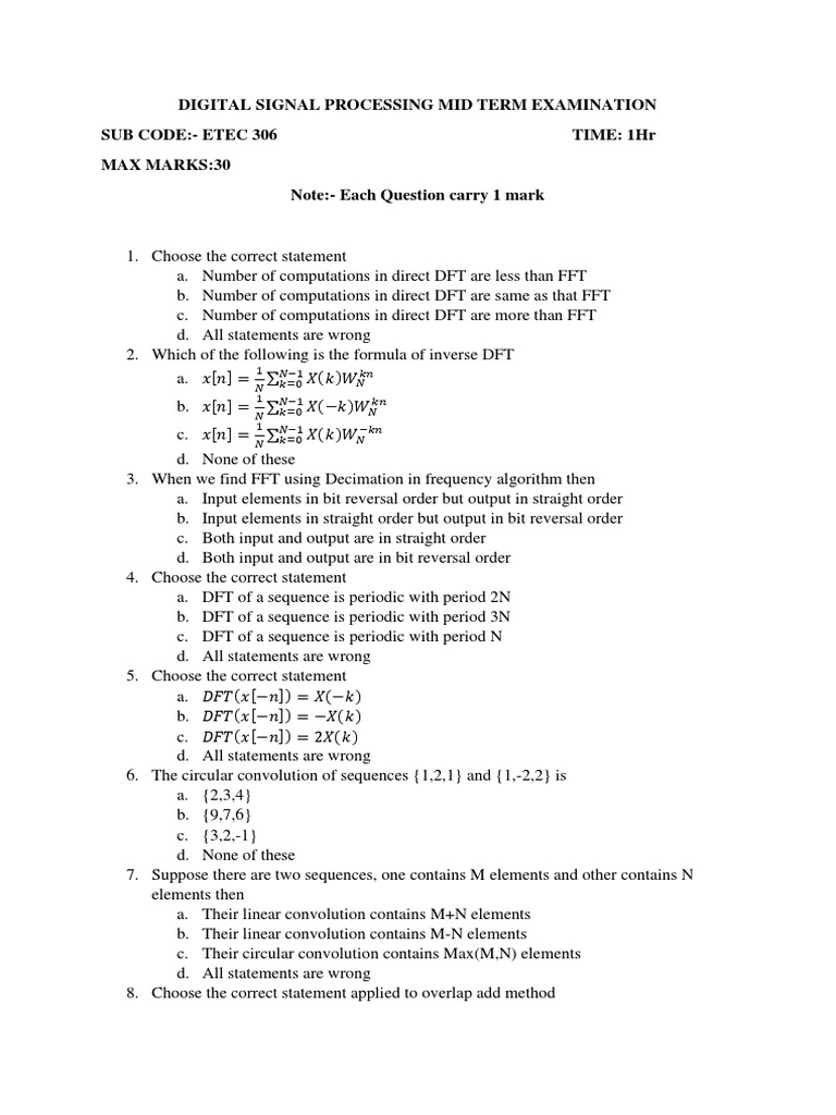 Digital signal processing mid term examination sub code etec 306 time