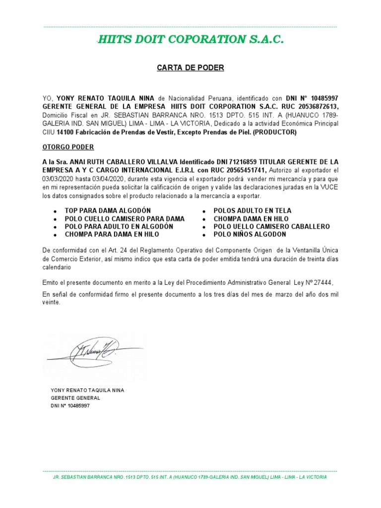 Carta de Poder para Exportación de Prendas | PDF | Negocios | Derecho