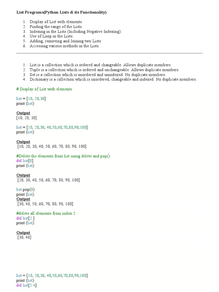 List Programs (Python Lists & Its Functionality) : # Display of List ...