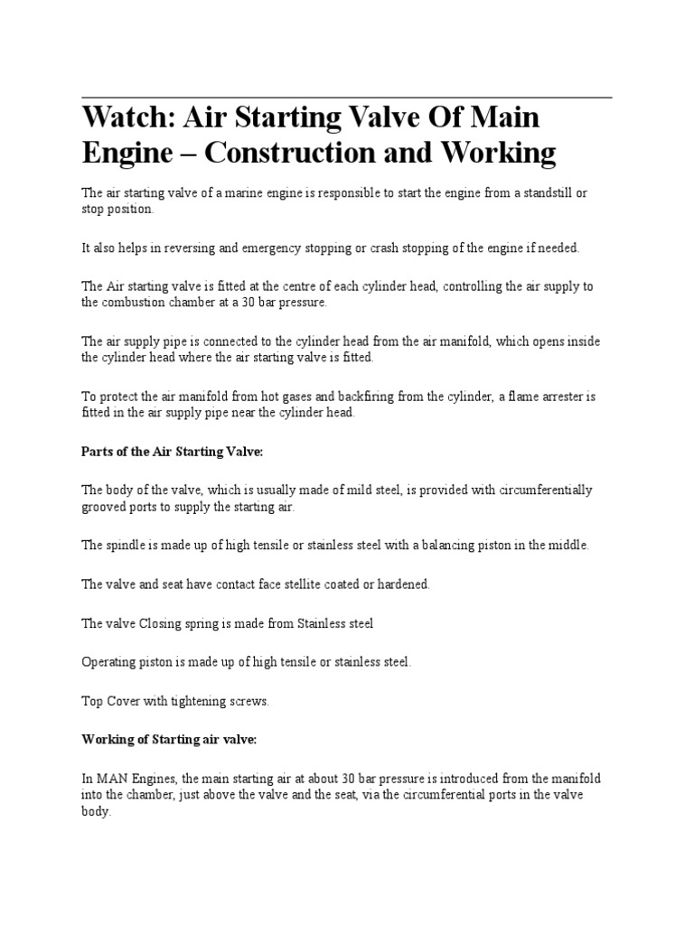 Watch Air Starting Valve of Main Engine Construction and Working