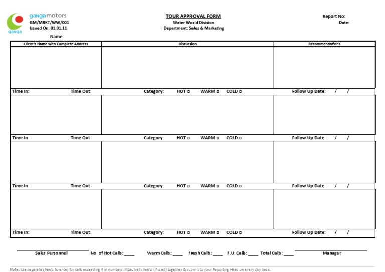 Tour Approval Form for Sales Calls | PDF