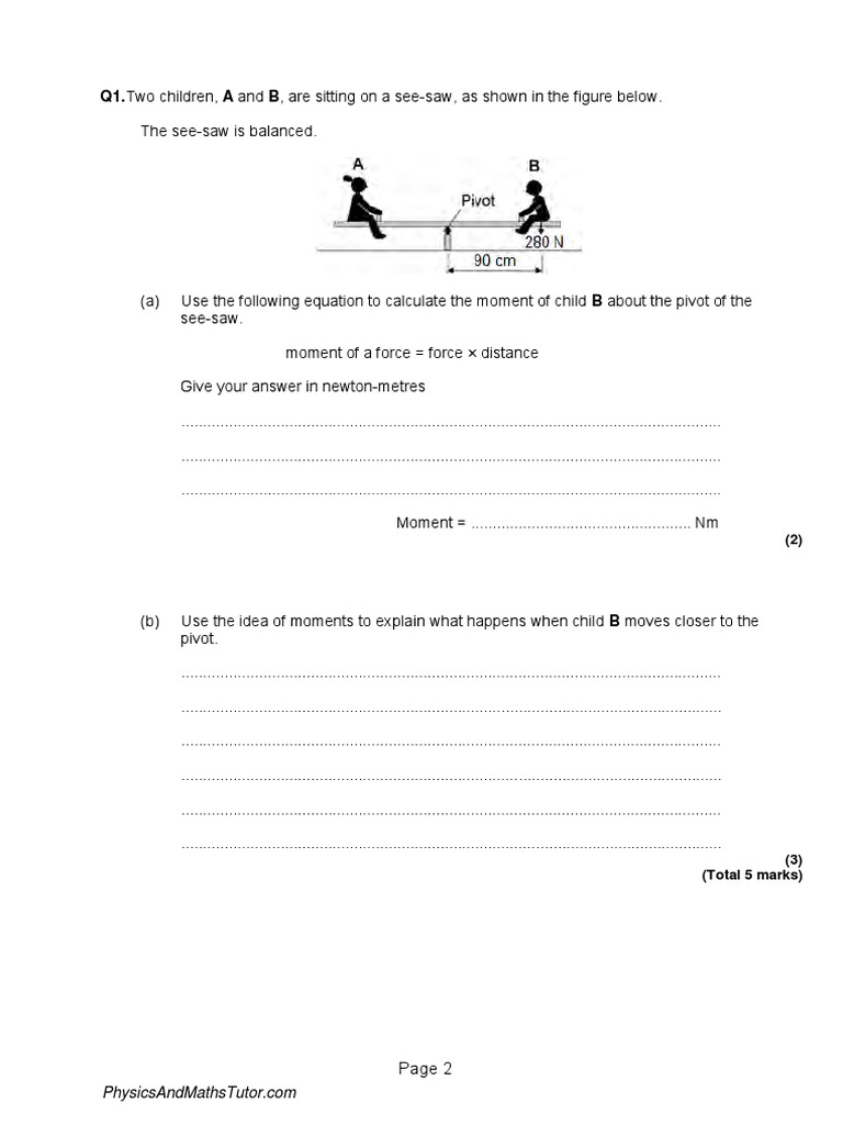 Moments, Levers and Gears 1 QP PDF Force Pendulum