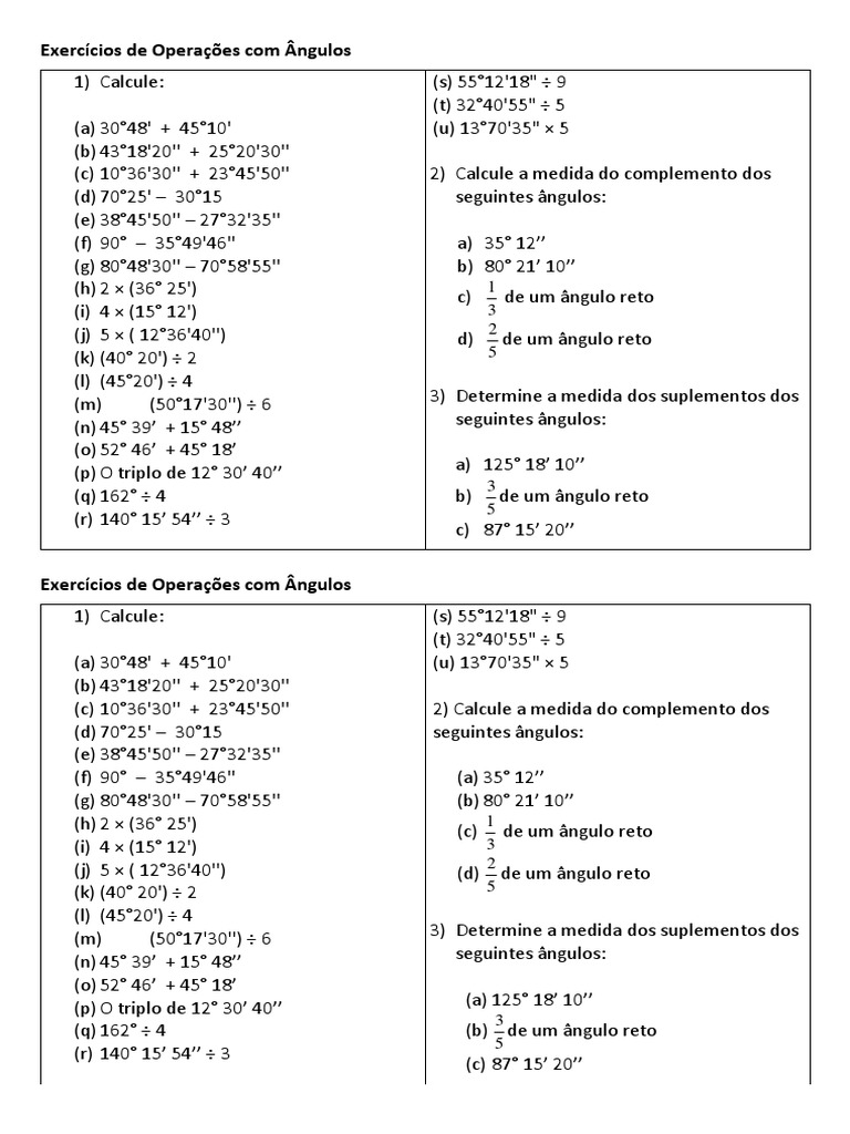 Exercícios de Operações com Ângulos | PDF