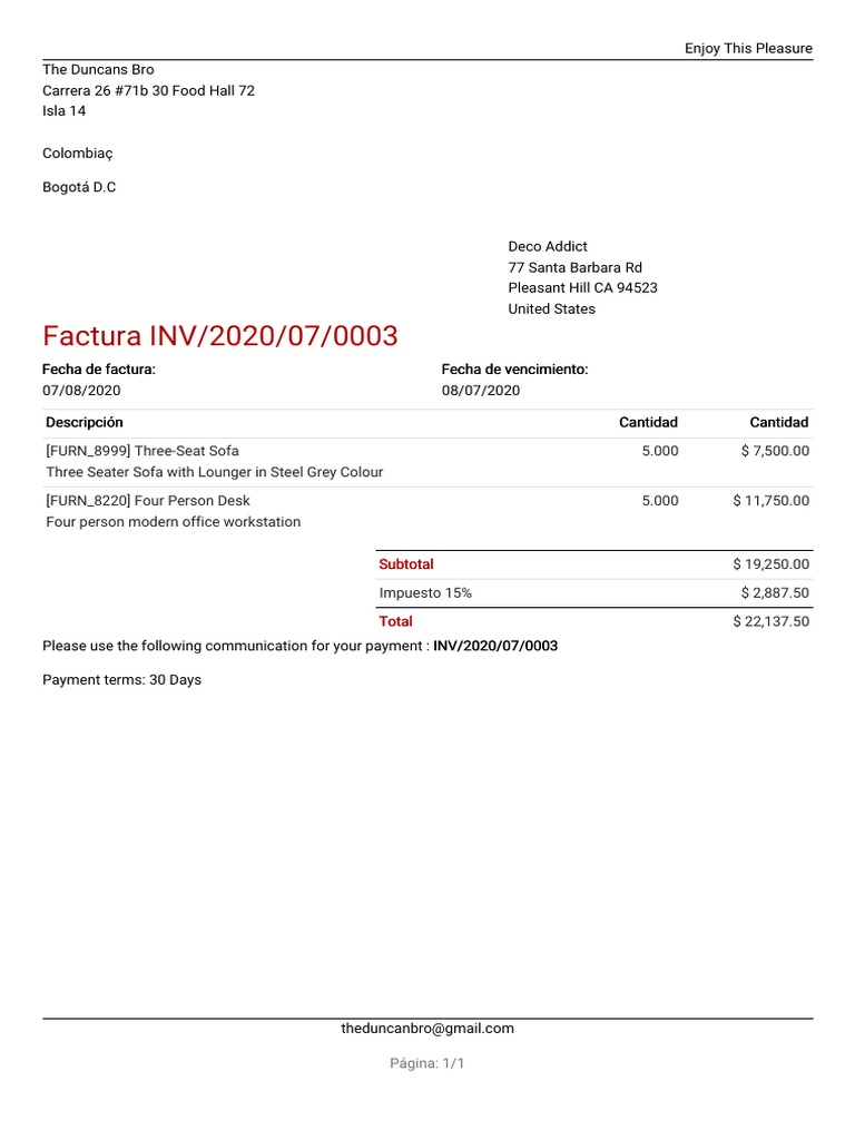 Invoice For Furniture Purchase Inv 2020 07 Pdf