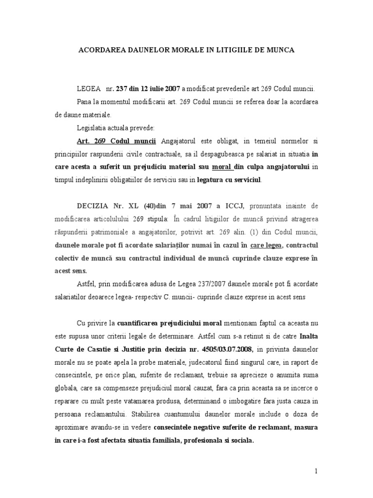 Acordare Daune Morale In Litigiile De Munca