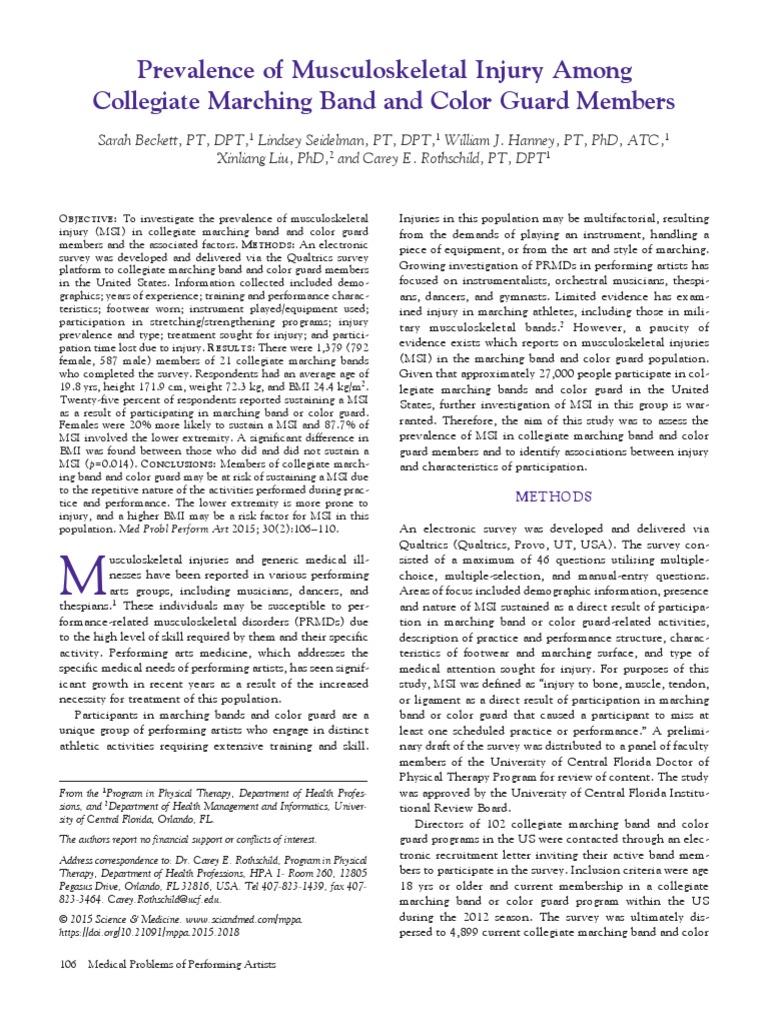 Prevalence of Musculoskeletal Injury Among Collegiate Marching Band and