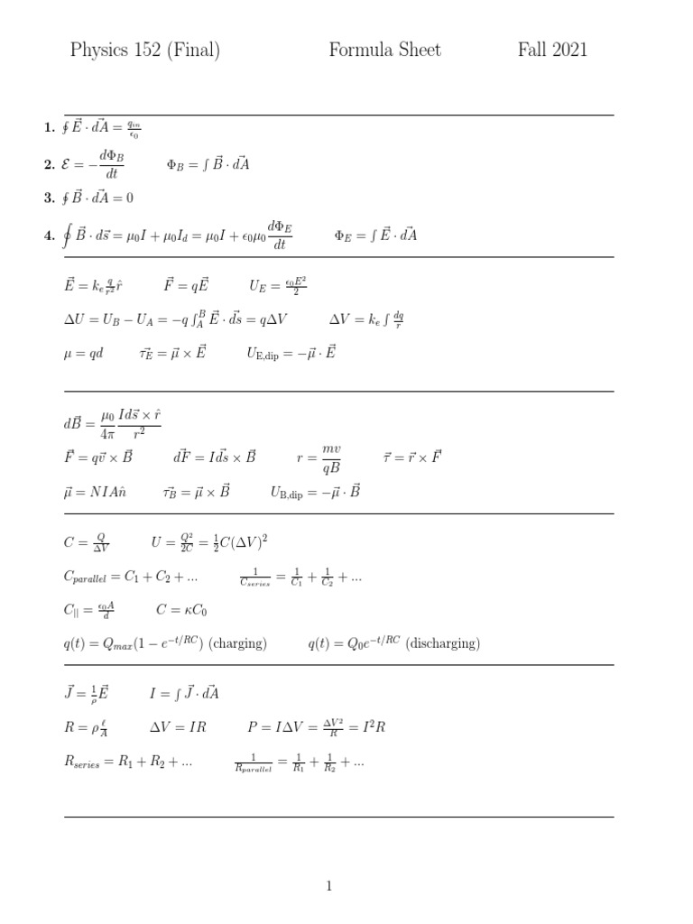 Physics 152 Final Exam Formula Sheet | PDF | Optics | Space