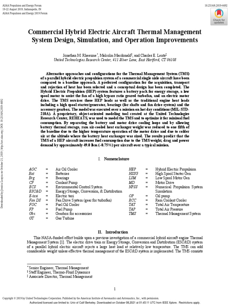Commercial Hybrid Electric Aircraft Thermal Management System Design ...