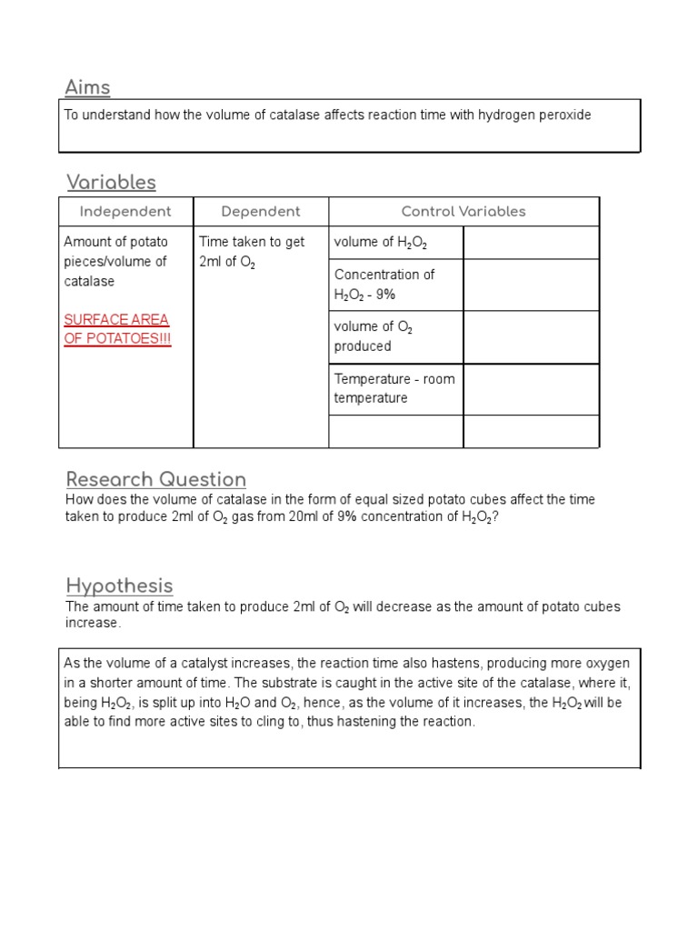 Independent Dependent Control Variables Surface Area of Potatoes