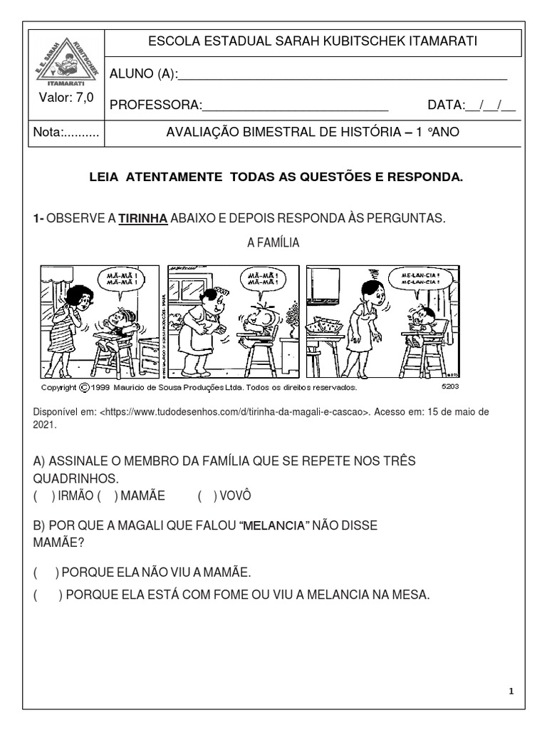Avaliação de História 1º Ano | PDF