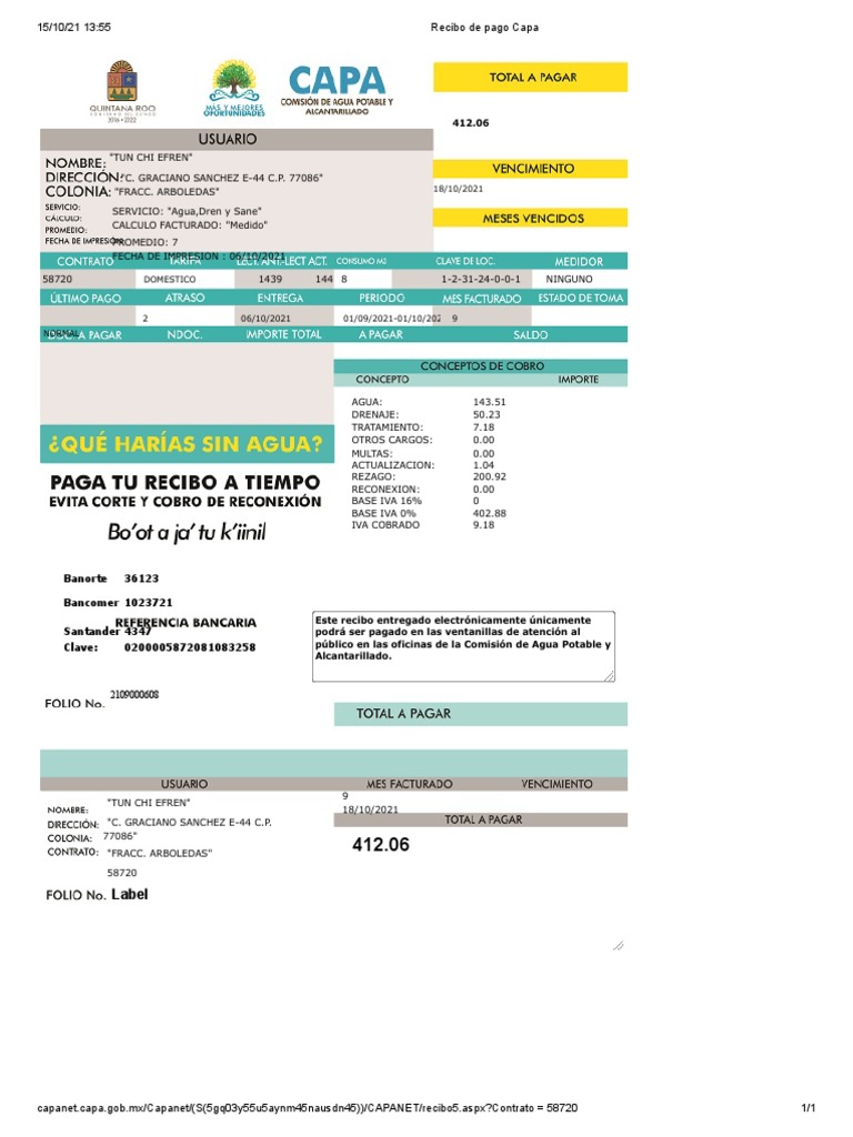 Recibo de Pago Capa | PDF | Saneamiento | Administracion del Agua