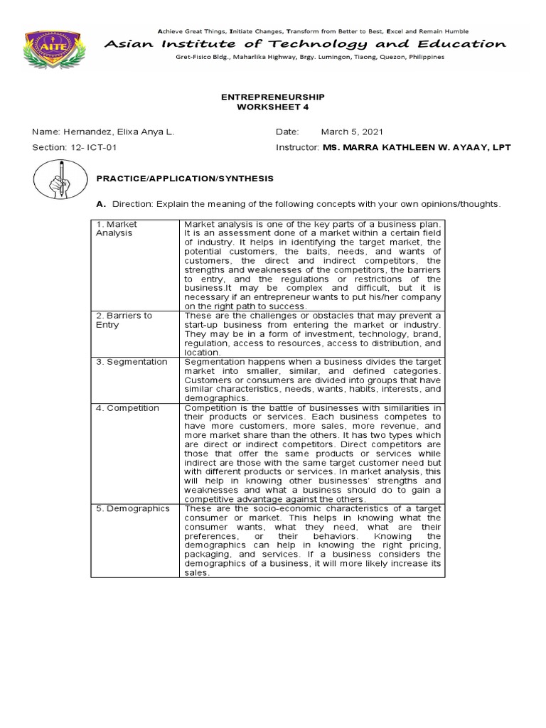 Entrepreneurship Worksheet 4 | PDF | Market Analysis | Market Segmentation