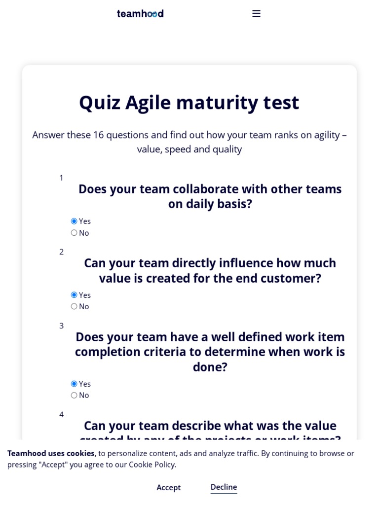 Quiz Agile Maturity Test Teamhood Pdf Agile Software Development