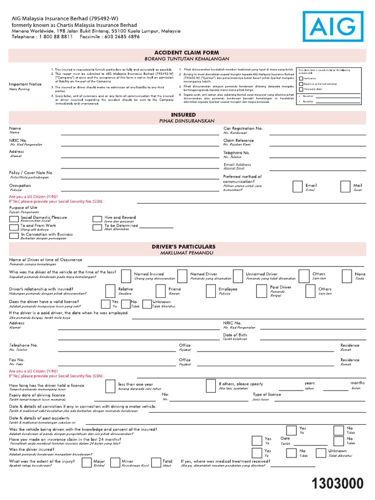 AIG Malaysia Insurance Claim Form | PDF | Service Industries ...