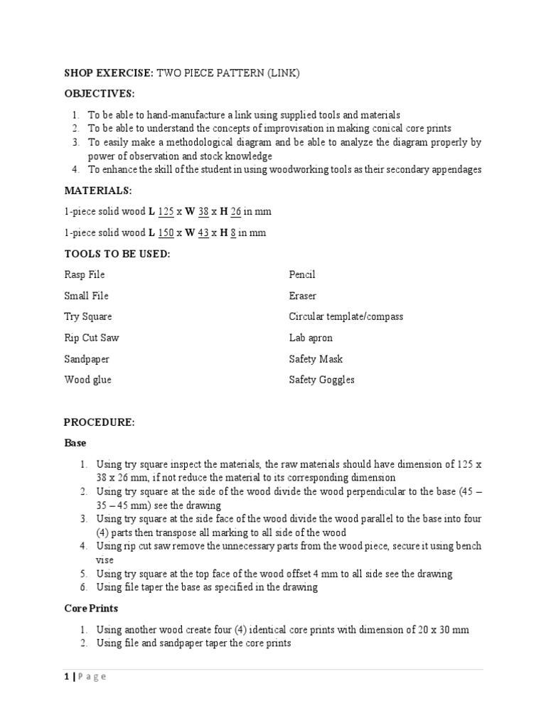 Shop Exercise: Two Piece Pattern (Link) Objectives | PDF | Drawing | Wood