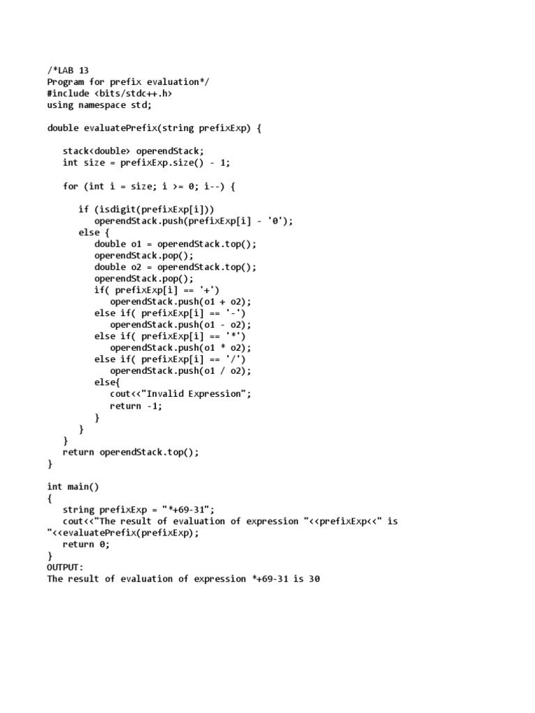 Prefix Expression Evaluation in C++ | PDF