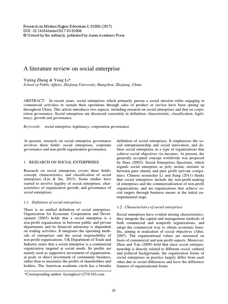 A Literature Review On Social Enterprise: Yuting Zhang & Yong Li | PDF ...