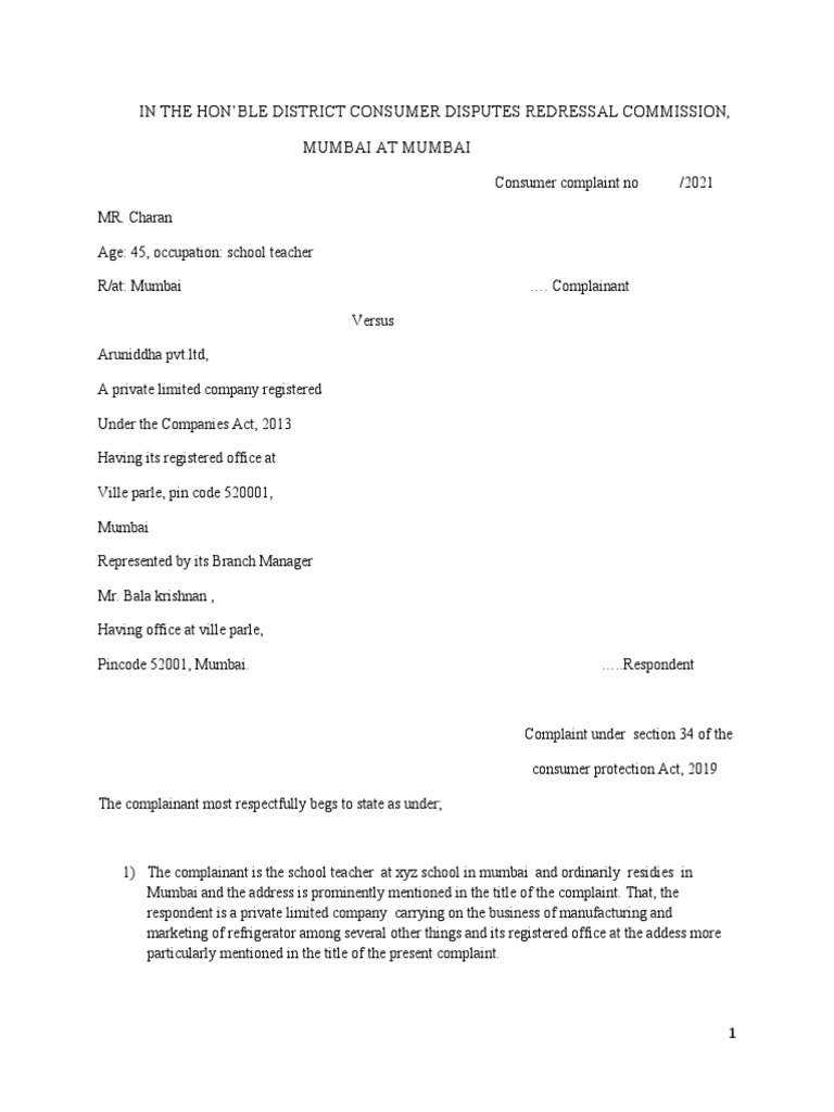 In The Hon'Ble District Consumer Disputes Redressal Commission, Mumbai ...